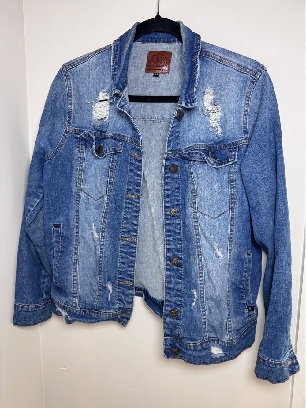 Enjean Women's Medium Blue Distressed Denim Jacket, 98% Cotton, Size M